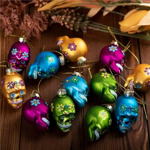 12 Pcs Day of the Dead Sugar Skull Glass Ornaments Halloween Tree Decorations - Picture 5 of 7